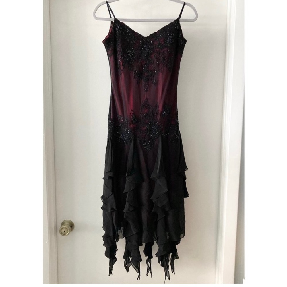 Sue Wong Beaded Silk Cocktail Dress Black Red Size 6